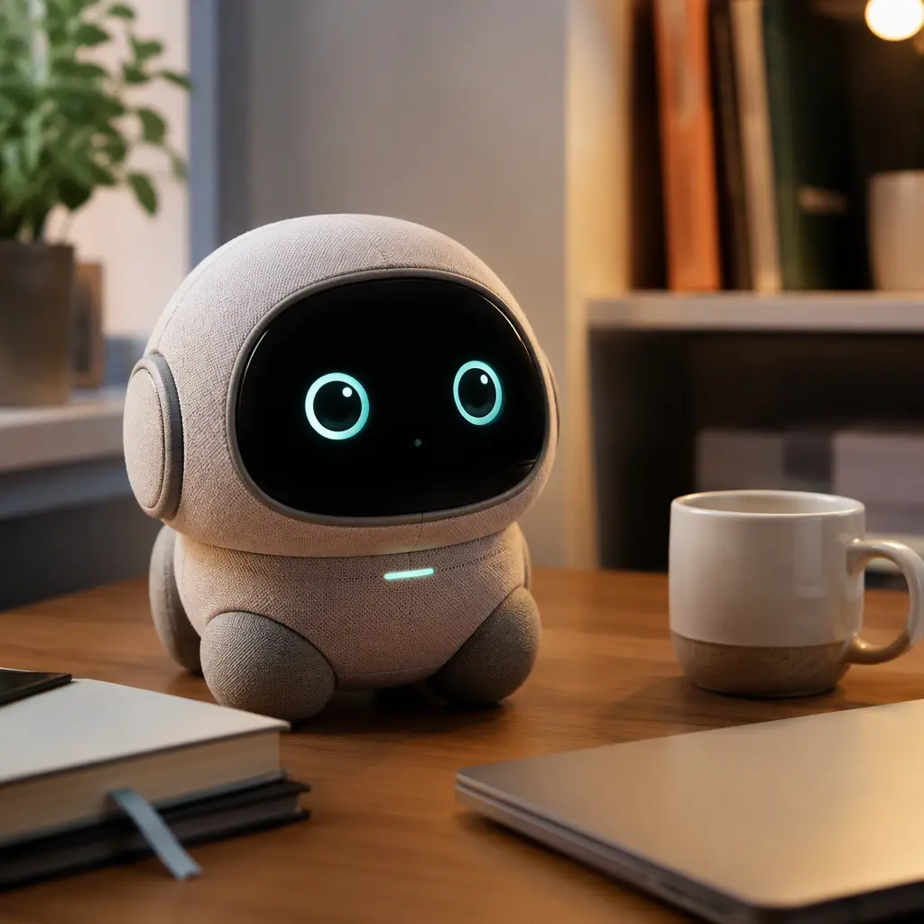 Small AI companion robot displayed on a desk in a softly lit home setting