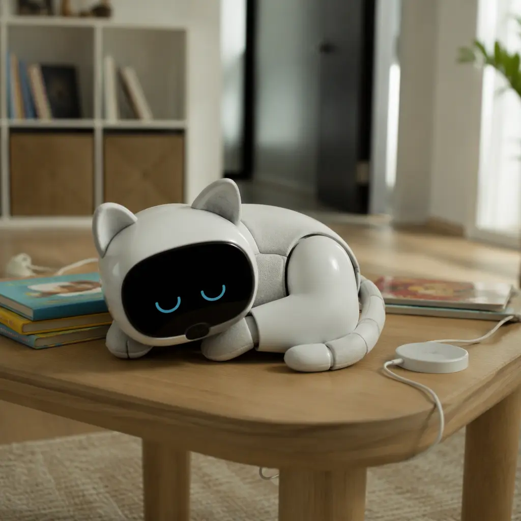 Compact AI pet robot on a coffee table in a small flat.