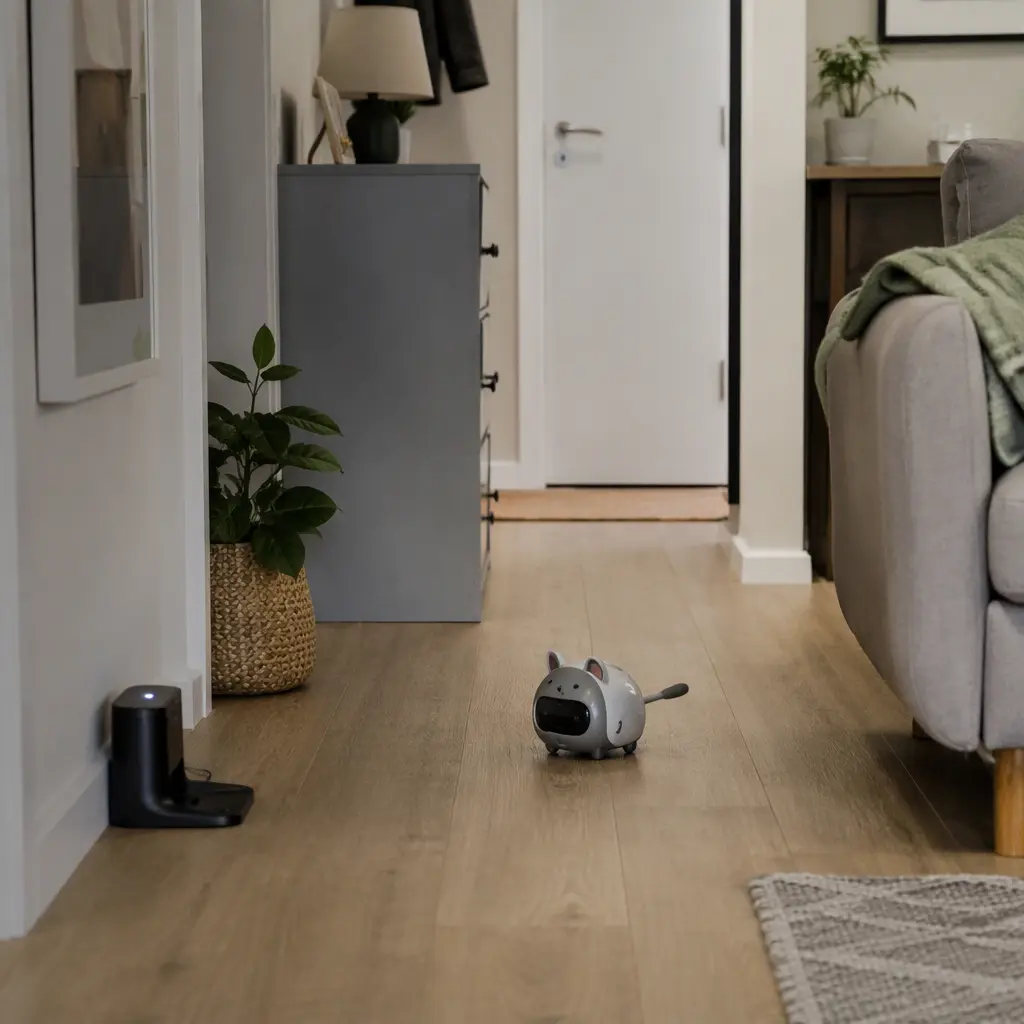 Robot pet toy moving through a compact apartment hallway.