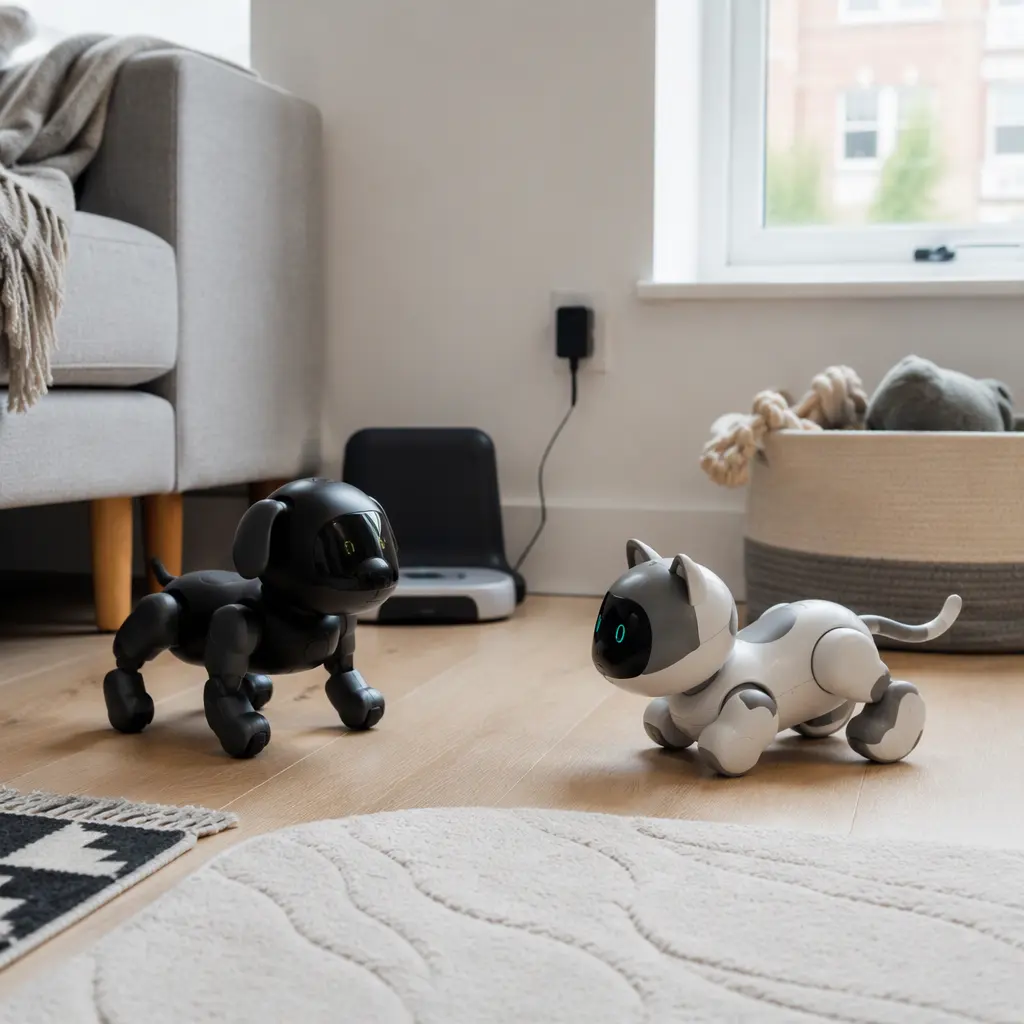 Two compact AI robot pets in a small apartment living room with charging accessories nearby.