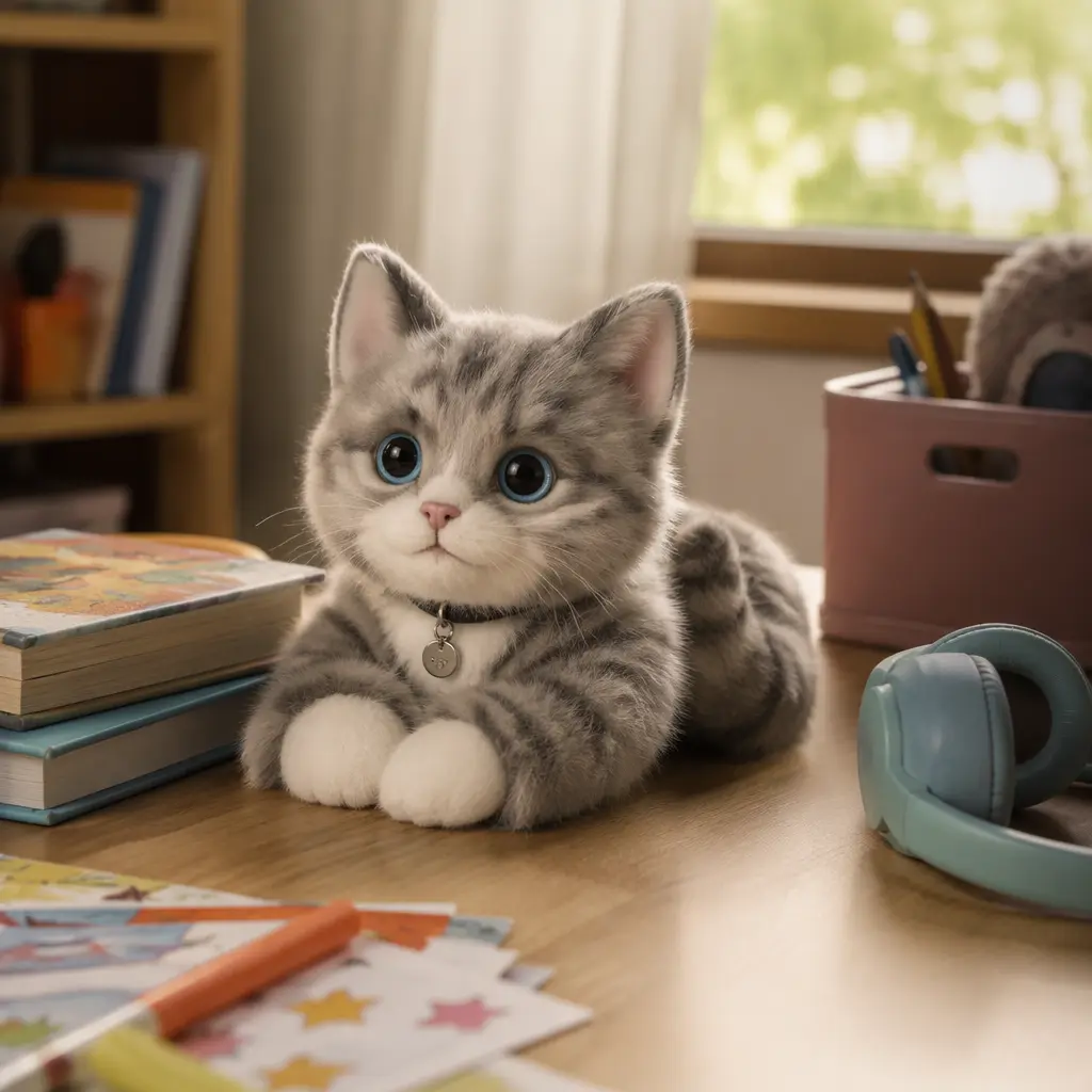 A realistic robotic cat toy sitting on a desk beside books and headphones.