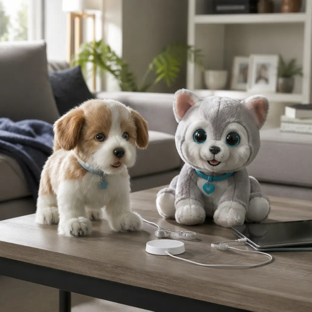 An animatronic puppy toy and a plush interactive robotic pet displayed in a family living room.