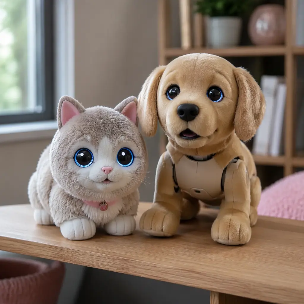 Two realistic robotic pet toys displayed on a bedroom shelf in soft natural light.