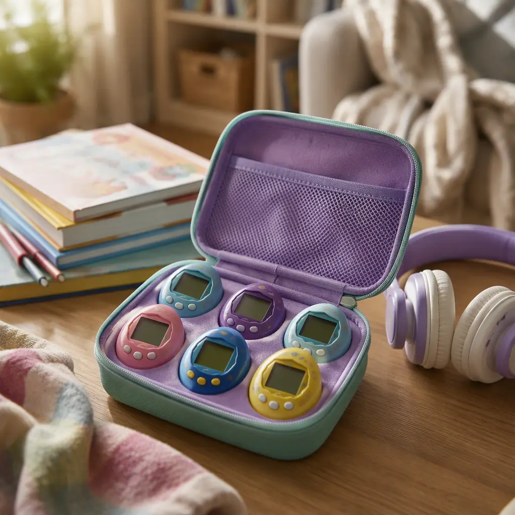 Virtual pet toys packed neatly for travel in a family home