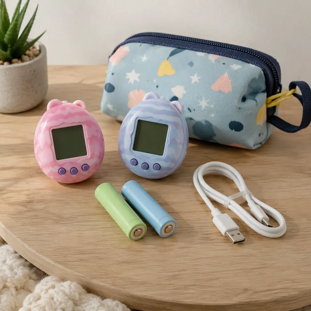 Two virtual pet devices compared on a tabletop with travel accessories