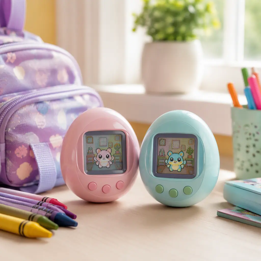 Two modern virtual pet toys on a child's desk in soft natural light