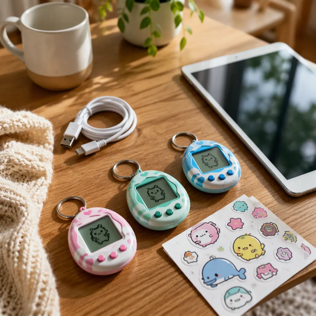 Virtual pet devices and accessories arranged on a wooden table