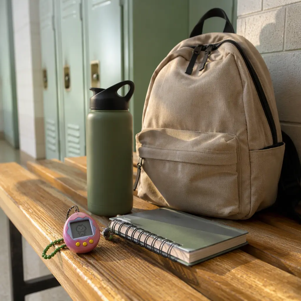 A portable virtual pet device beside school and travel items