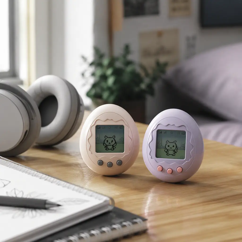 Two modern virtual pet devices on a tween bedroom desk in soft natural light
