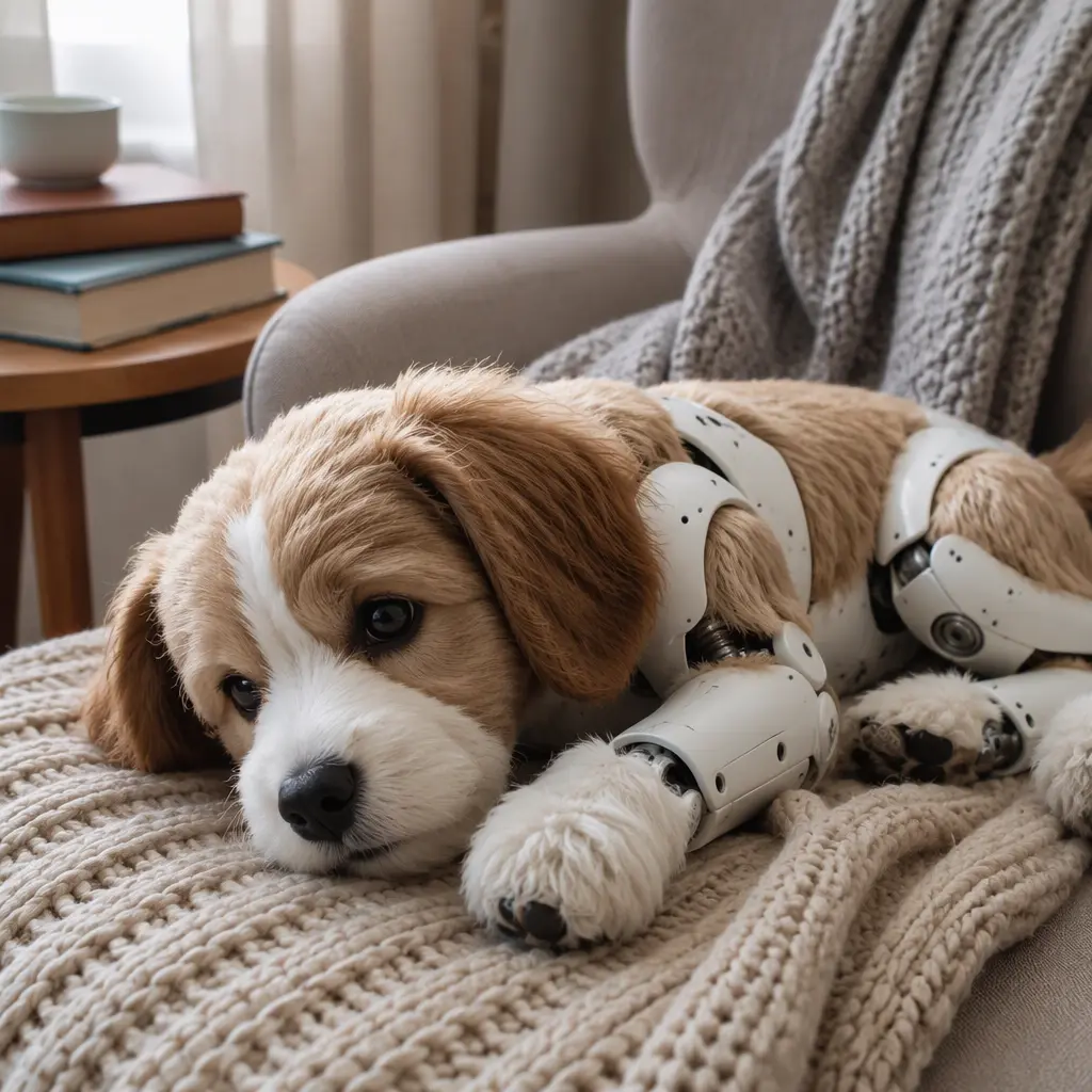 Robotic puppy placed beside a reading chair in a calm home environment