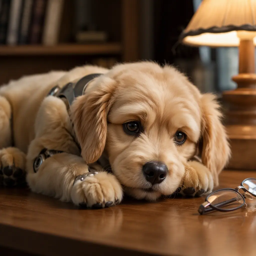 Close-up view of a realistic robotic puppy beside household items