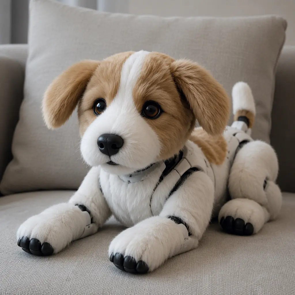 Realistic robotic puppy resting on a sofa cushion in soft indoor light