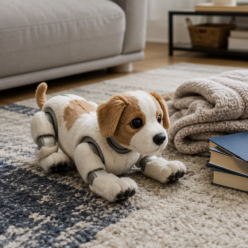 A lifelike robotic puppy displayed in a cozy living room setting