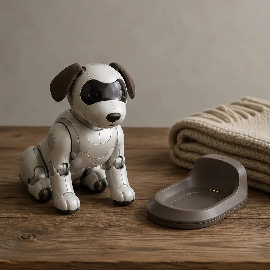 A robotic puppy displayed beside home accessories in a neutral studio scene