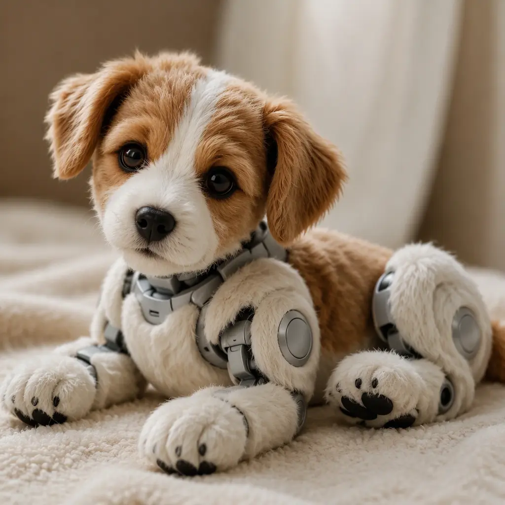 A realistic robotic puppy resting on a soft blanket in a studio setting