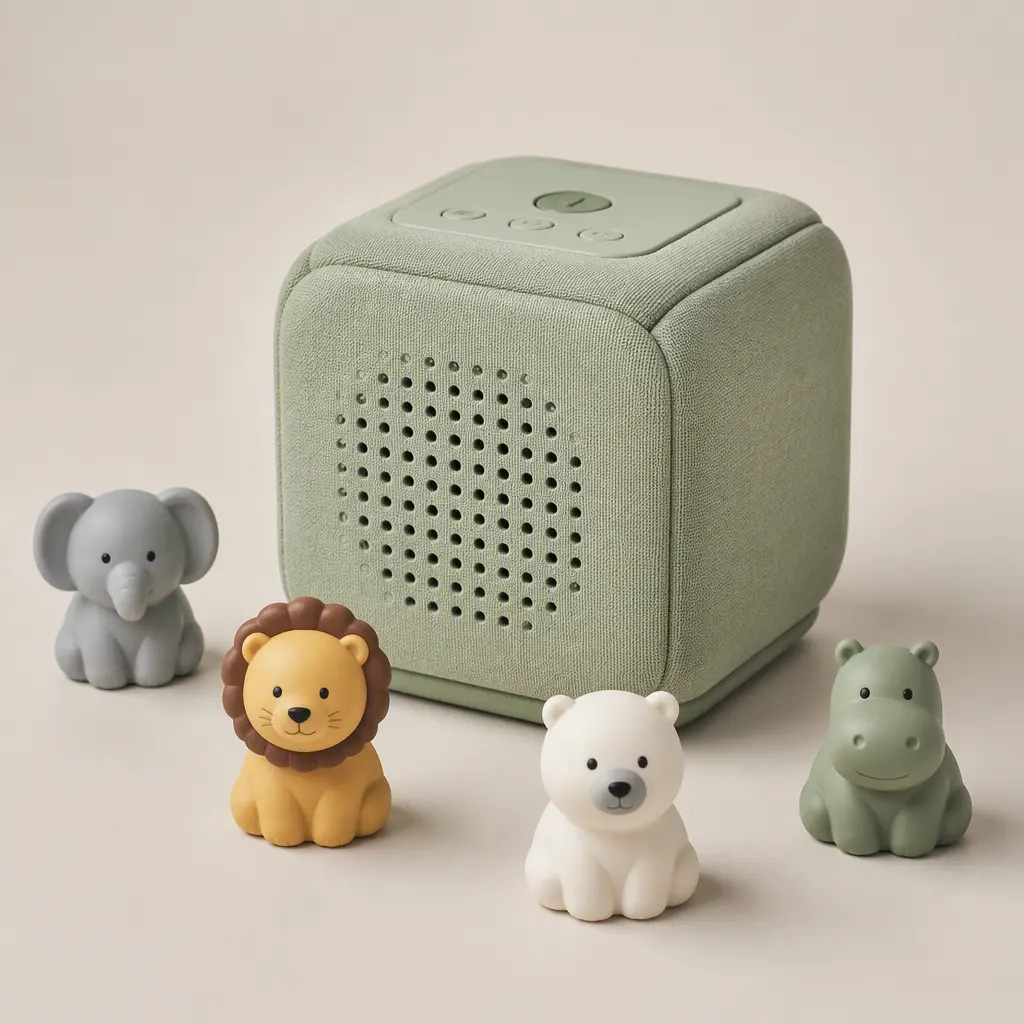 Compact padded audio player with collectible figures on a neutral background