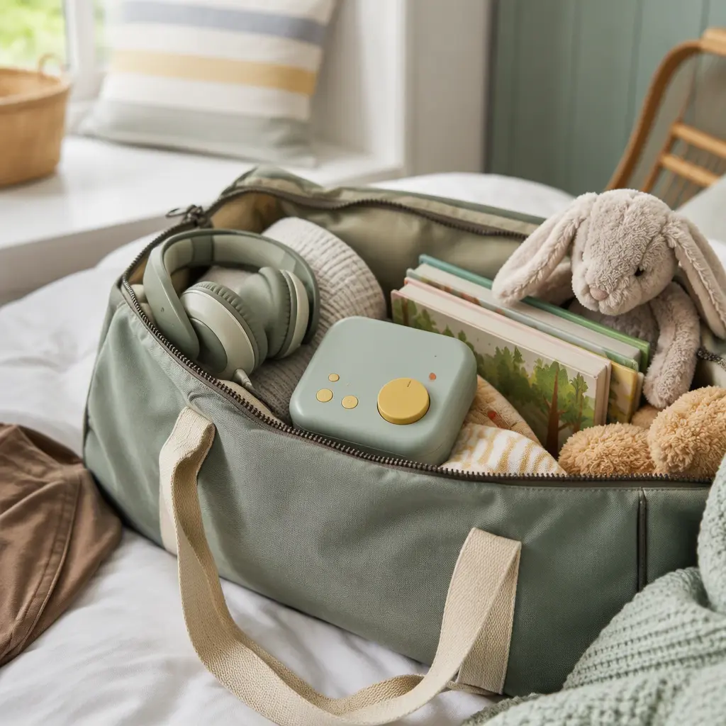 Portable children's audio player packed for family travel