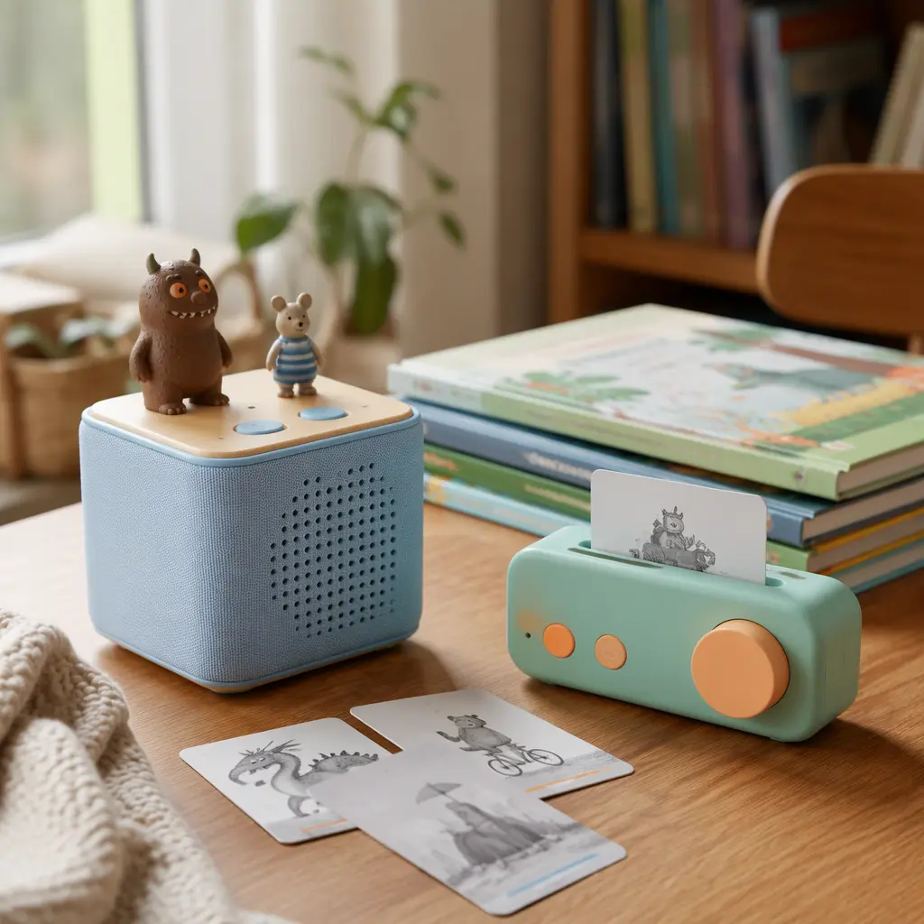 Audio players with story accessories beside beginner reading books