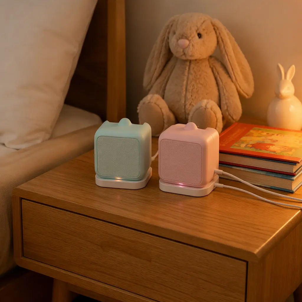 Children's audio players on a bedside table beside books and soft toys