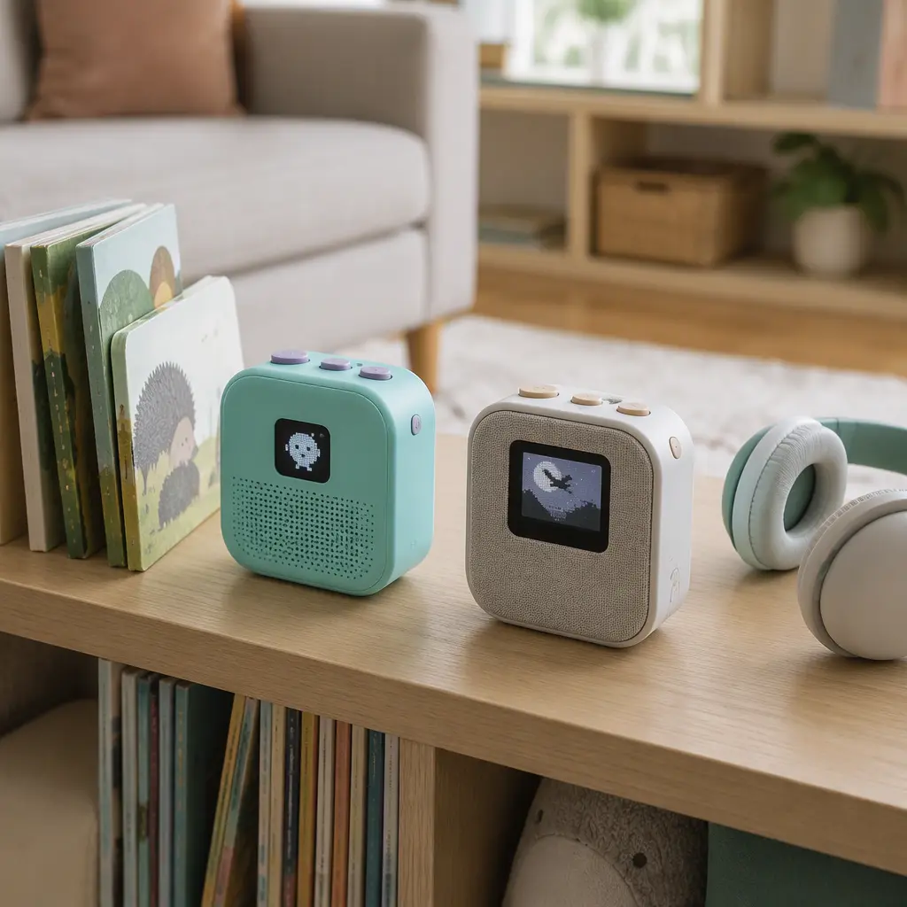 Two children's audio players beside books and headphones in a softly lit living room