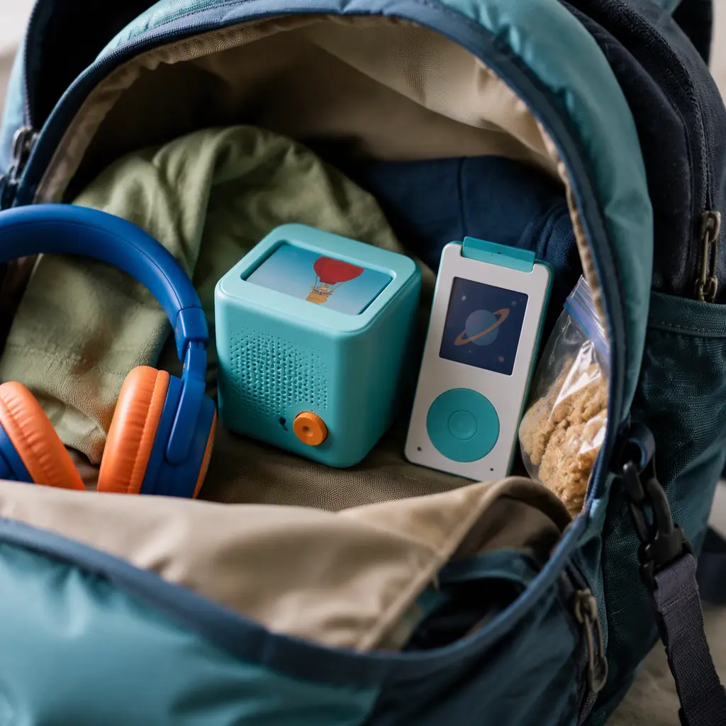 Portable children's audio players packed neatly inside a small travel backpack