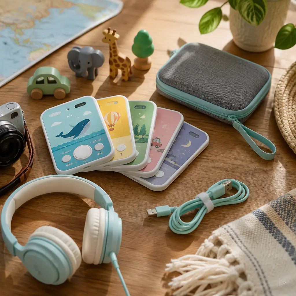 Travel accessories for children's audio players arranged on a table