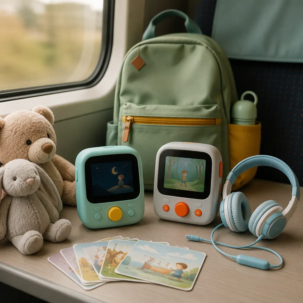 Compact children's audio players packed for a family train journey with cards and headphones nearby