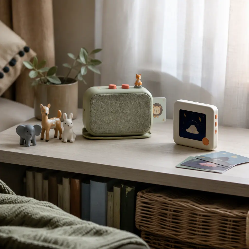 Two different children's audio player styles displayed on a bedside shelf.