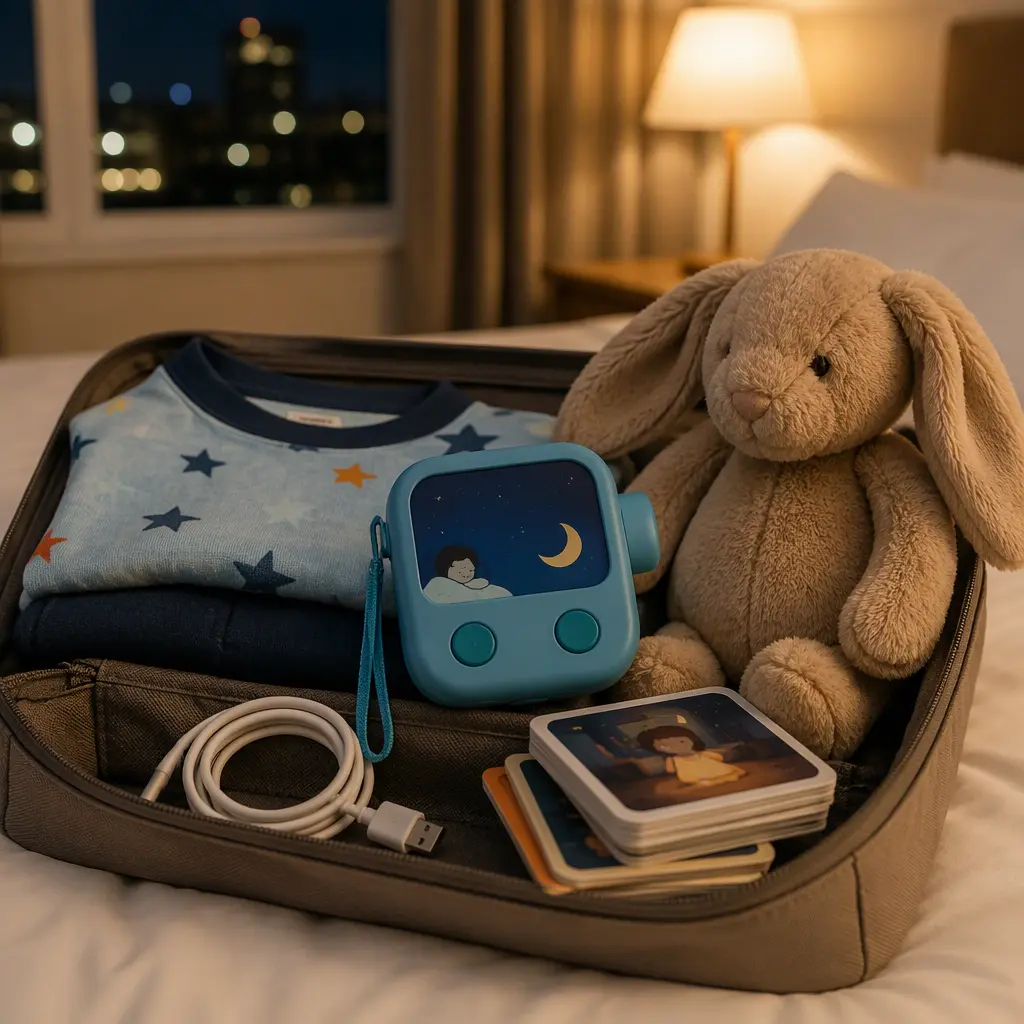Portable children's audio player and accessories packed for overnight travel.