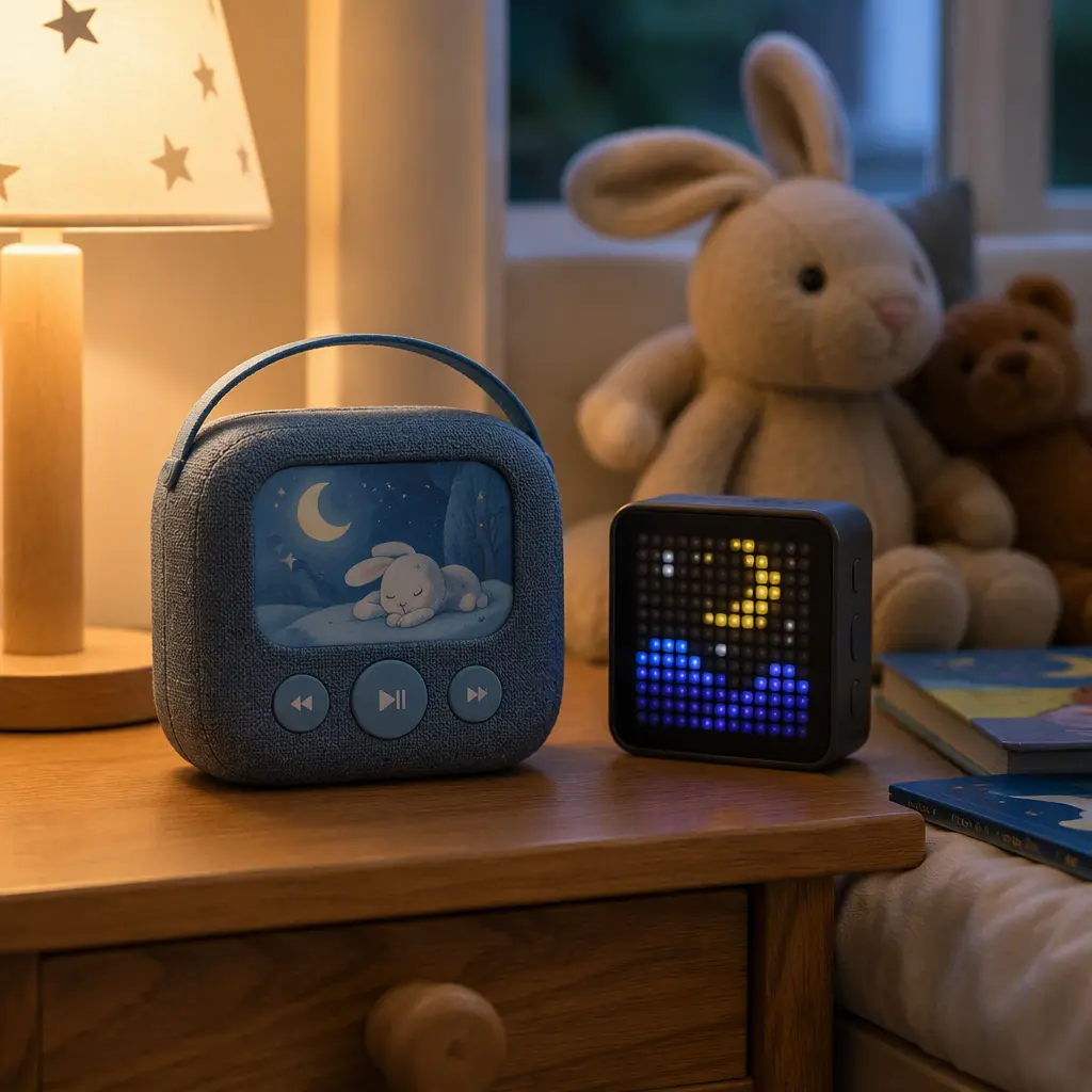 Two children's audio players on a bedside table in a cozy preschool bedroom at bedtime.