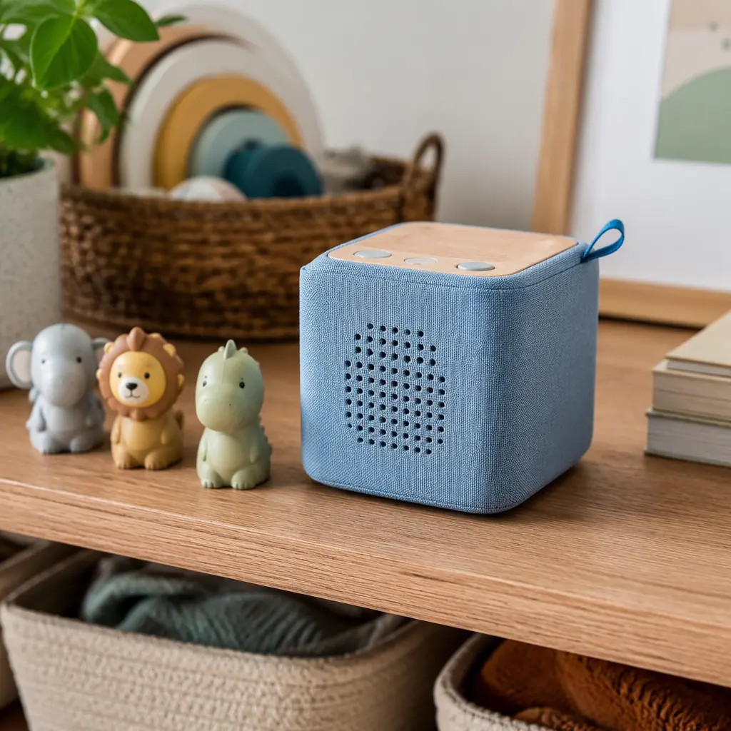Compact children's audio player with small figurines in a family room setting
