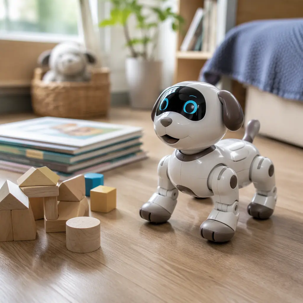 Robot puppy toy beside children's books and blocks
