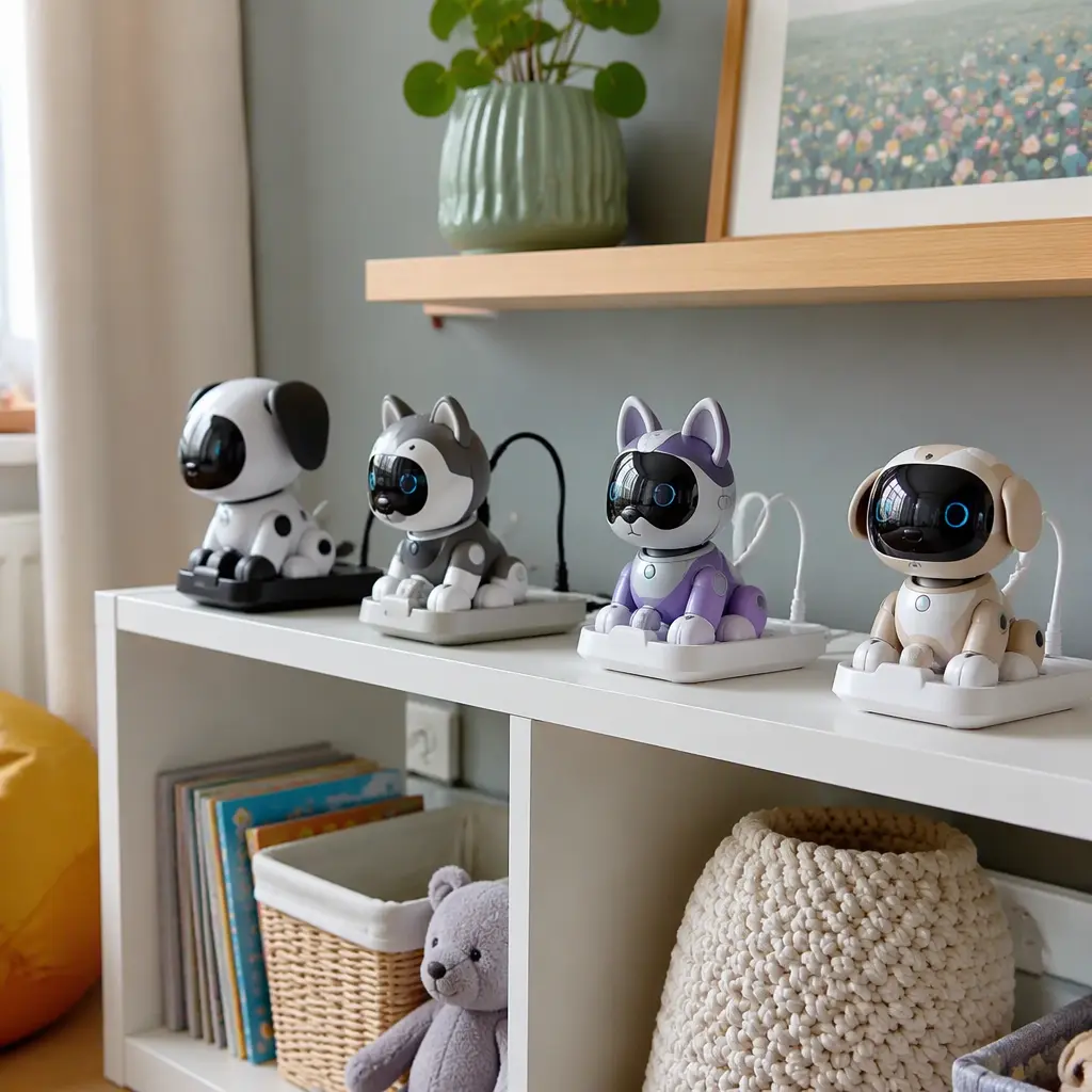 Compact robot pet toys displayed on a shelf in natural light