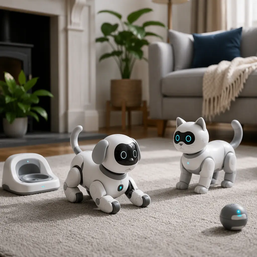 AI robot pet toys on a living room rug with soft natural light