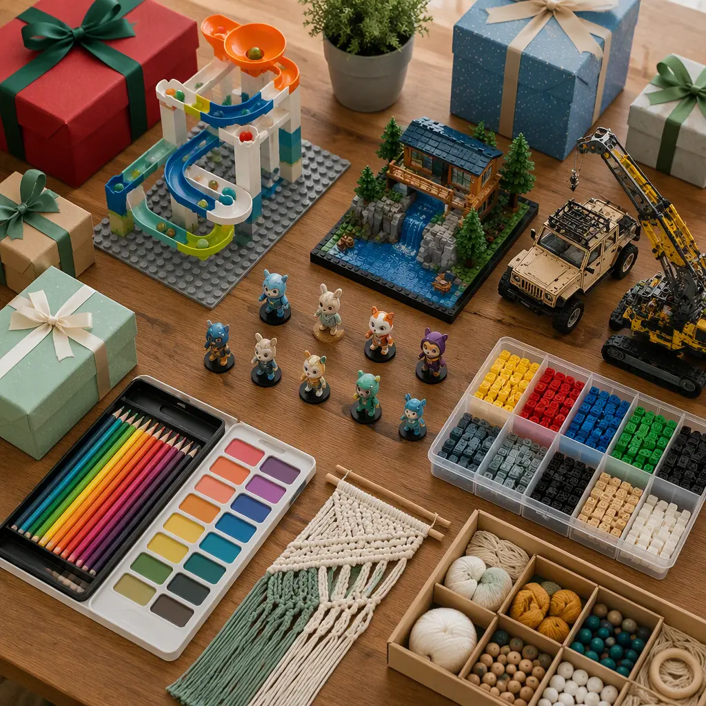 Construction toys and creative kits arranged on a wooden table for holiday gift planning