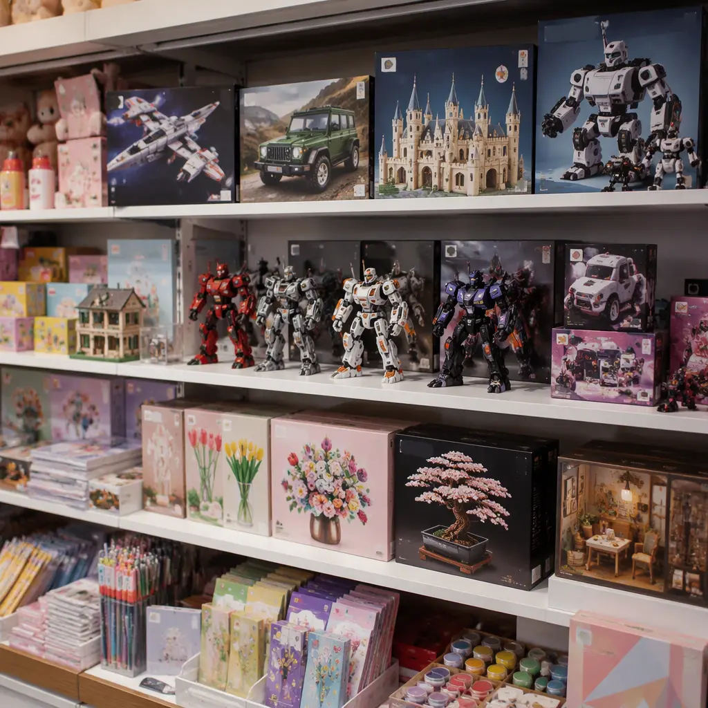 Modern toy shelf display with building kits and creative toys in soft natural light