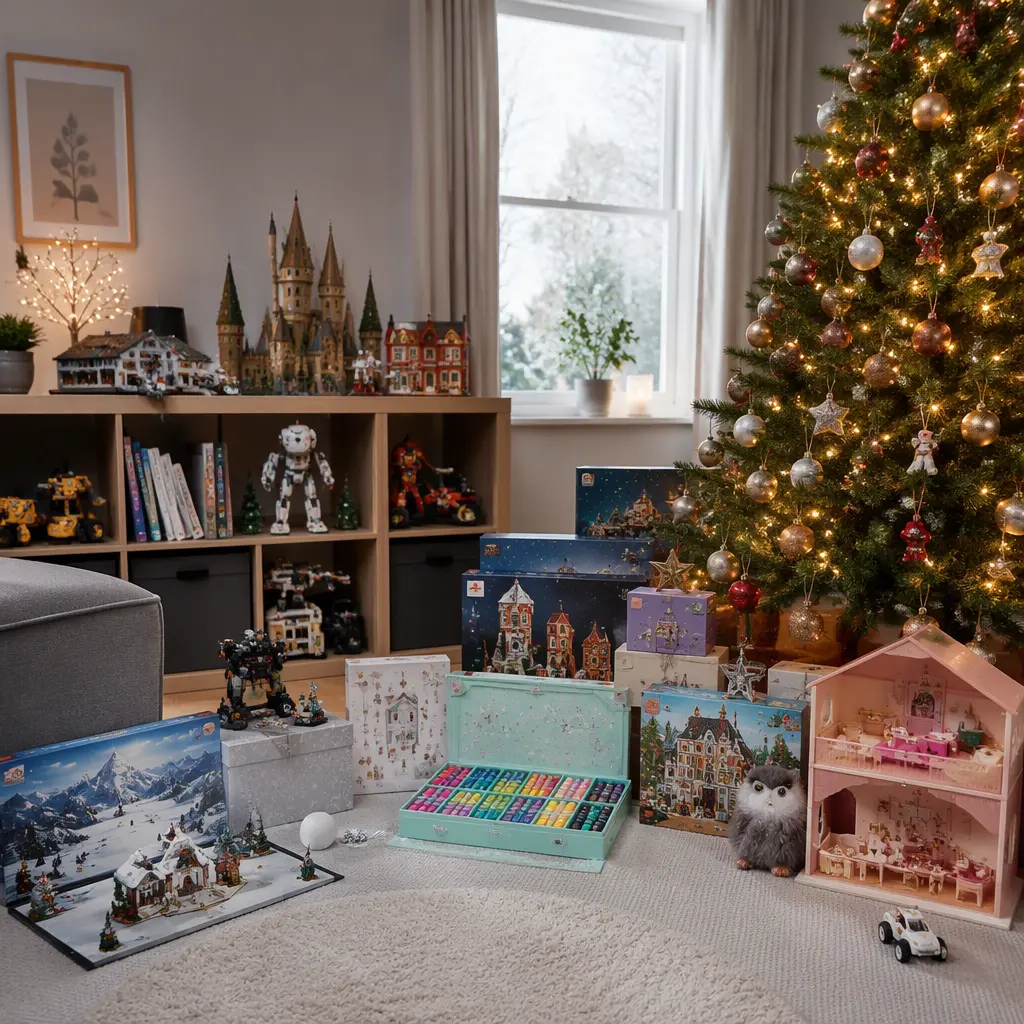 Selection of trending Christmas toys and building sets arranged in a modern living room with soft winter light