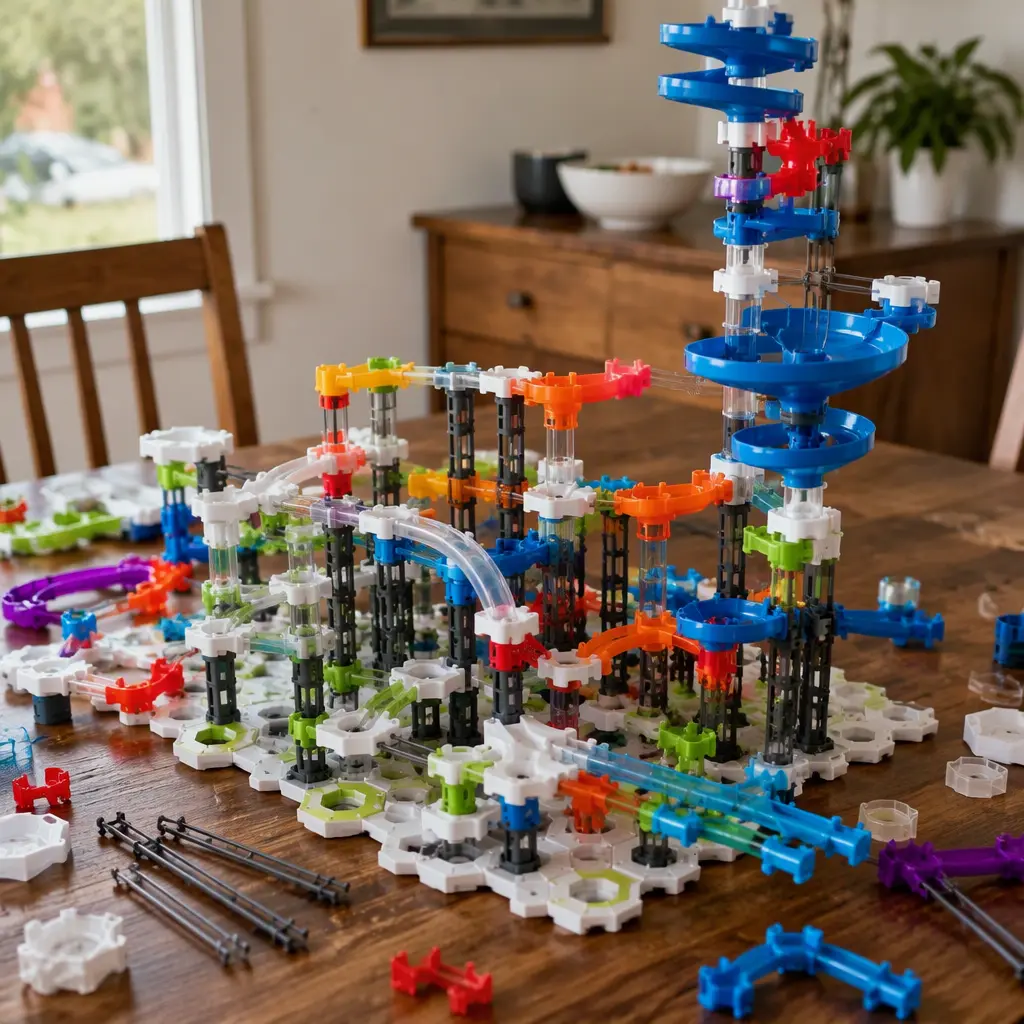 Engineering-style marble run construction toy assembled on a table