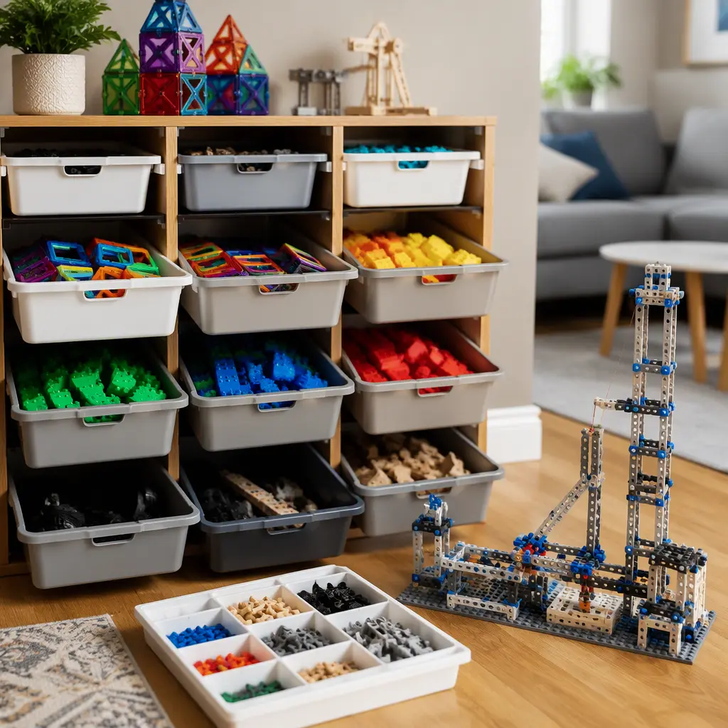 Organized storage setup for construction toys and STEM building kits