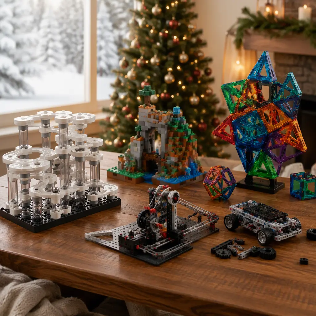 Assorted modern building toys and engineering kits arranged on a table in soft natural light
