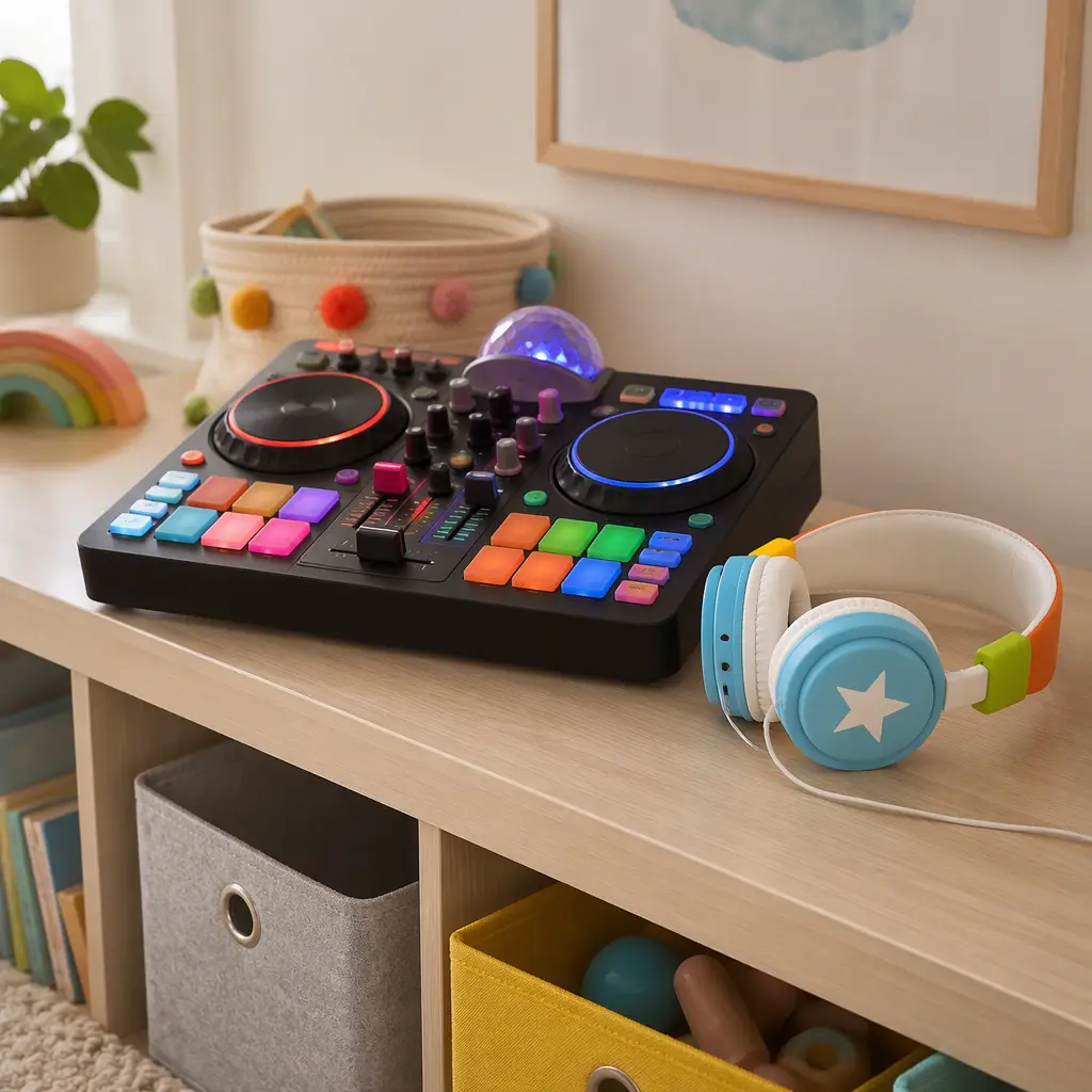 Compact DJ-style electronic toy with colorful controls and headphones