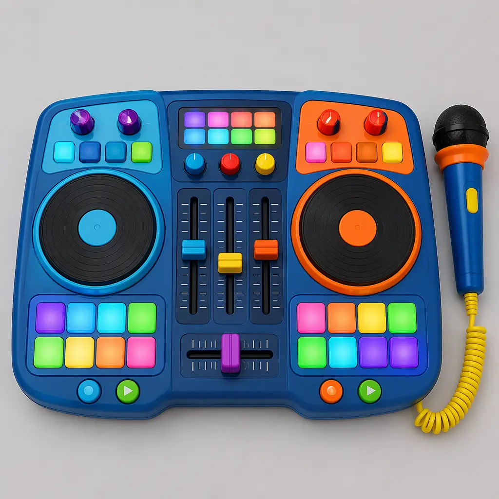 Top-down view of a child-focused DJ mixing toy with illuminated controls