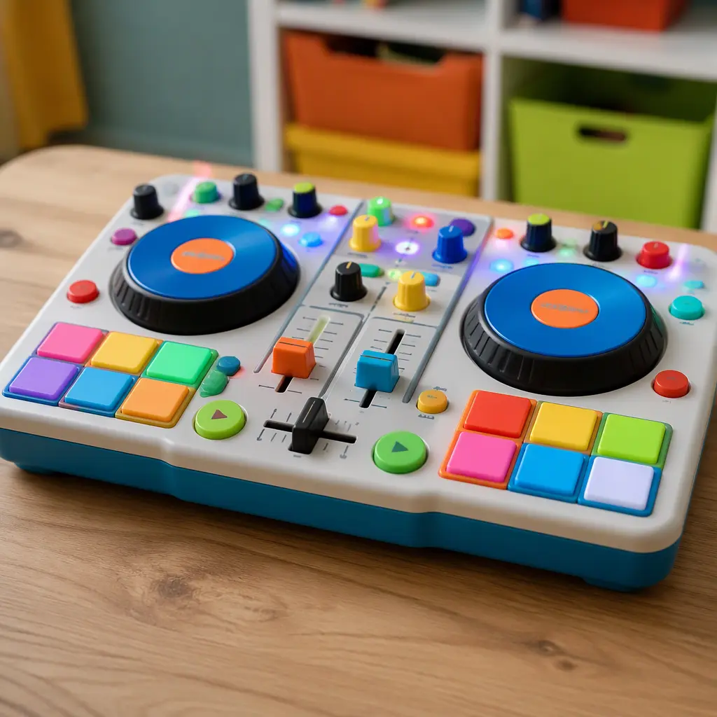 Child-sized DJ mixing toy with colorful pads and lights on a table