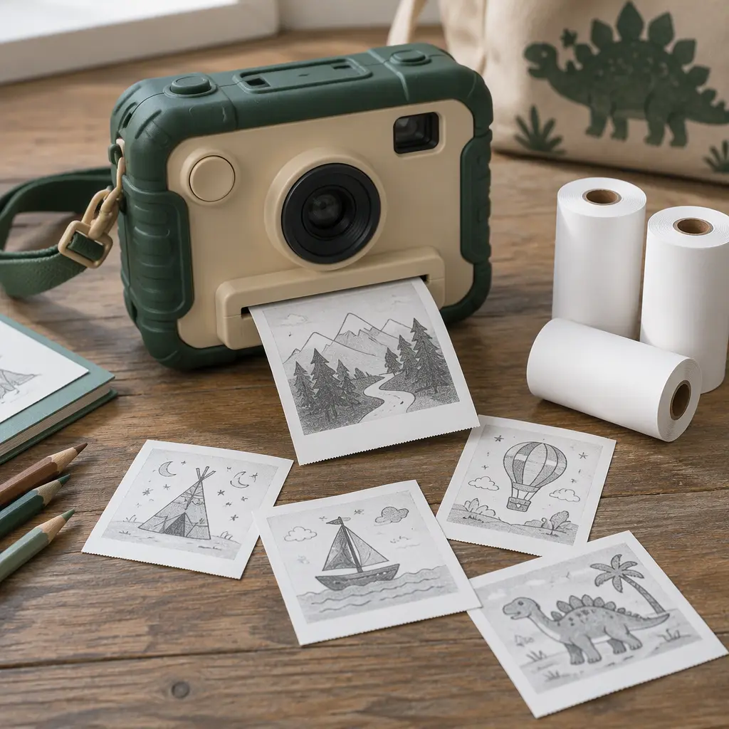 A child-friendly instant print camera with thermal paper prints spread across a wooden table