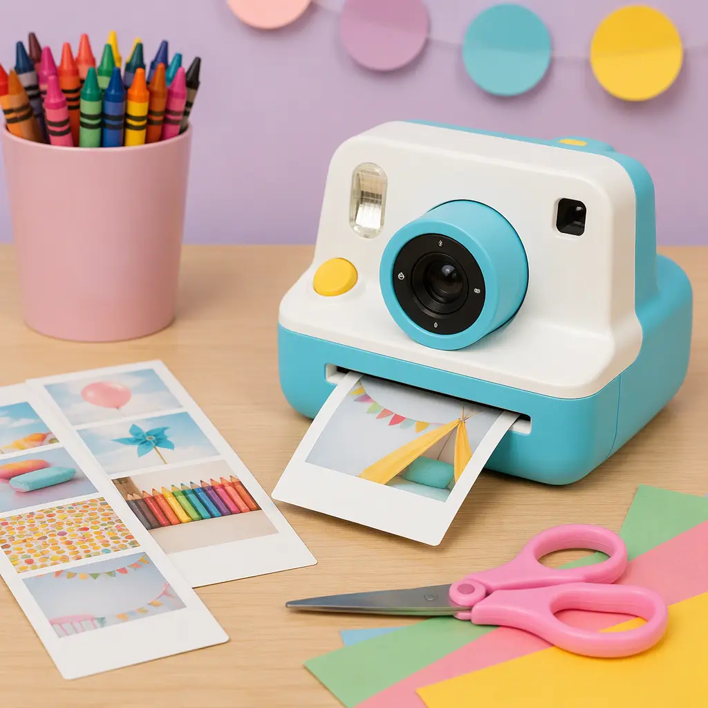 A children’s instant print camera displayed with craft supplies and printed photo strips