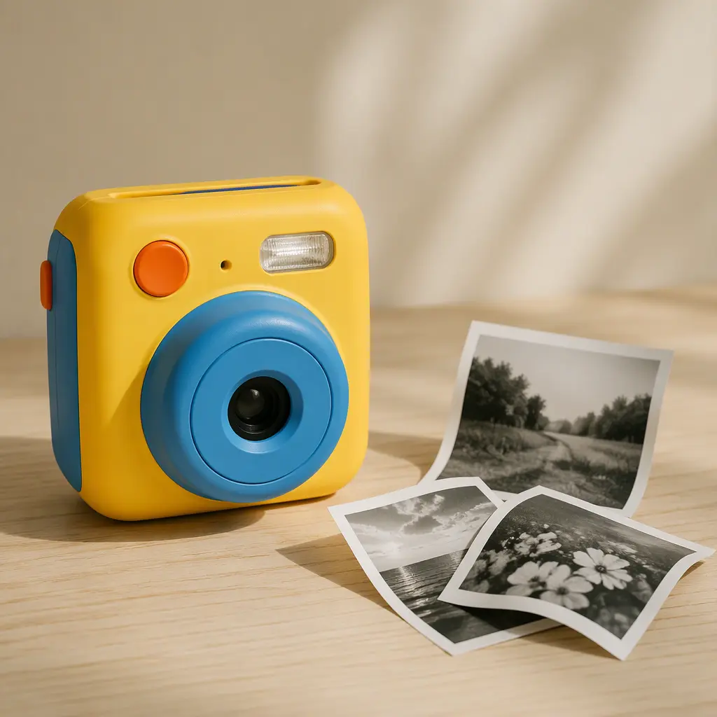 A colorful kid-focused instant print camera with small black-and-white photo strips on a tabletop