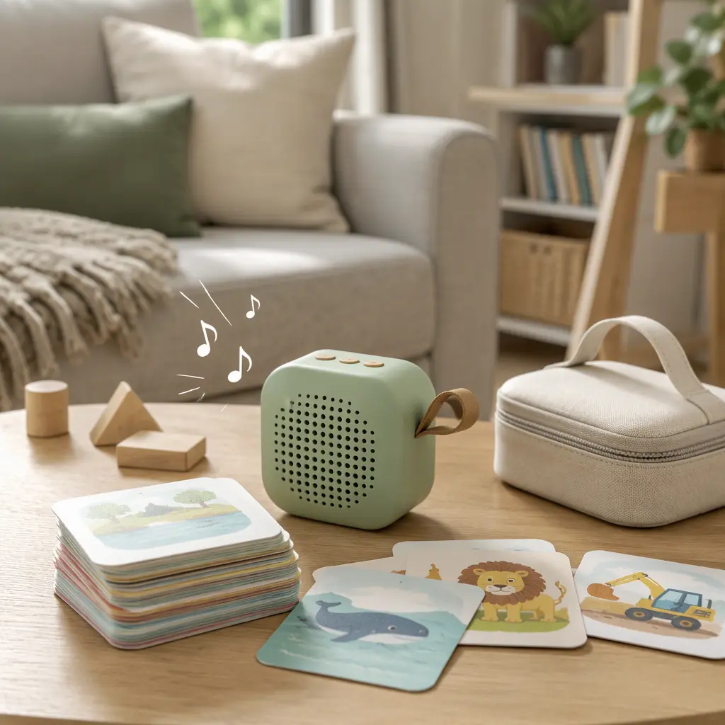Portable children's audio player with story cards in a living room setting