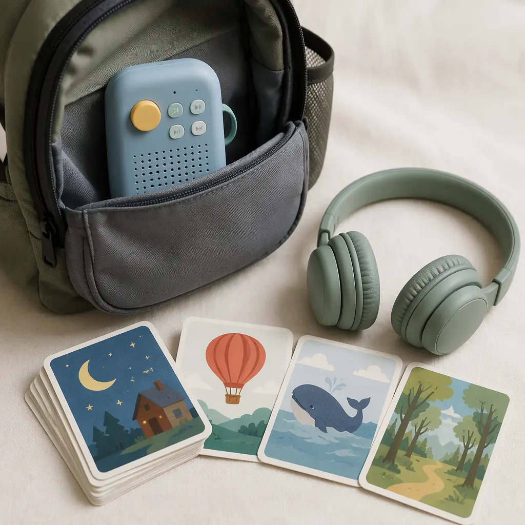 Portable audio player packed for travel with headphones and audio cards