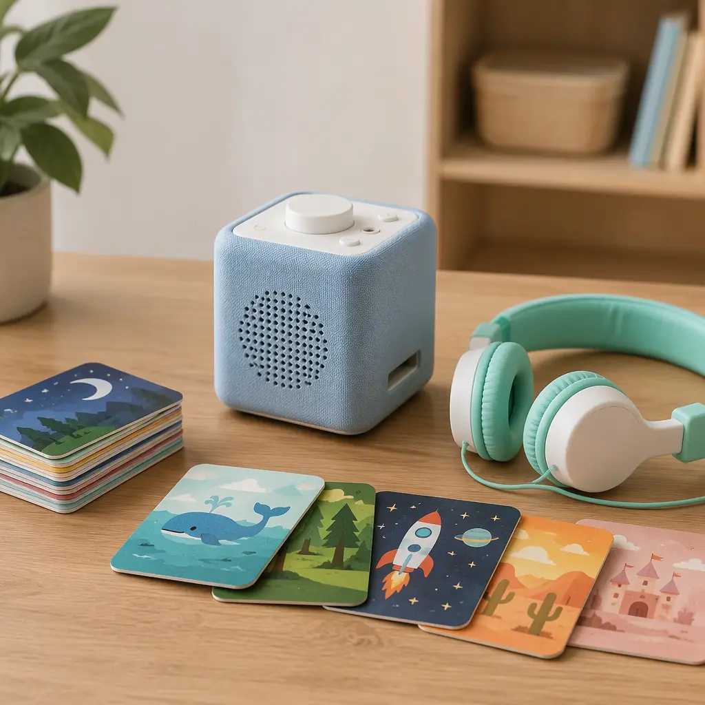 Compact children's audio player with colorful audio cards and headphones on a table