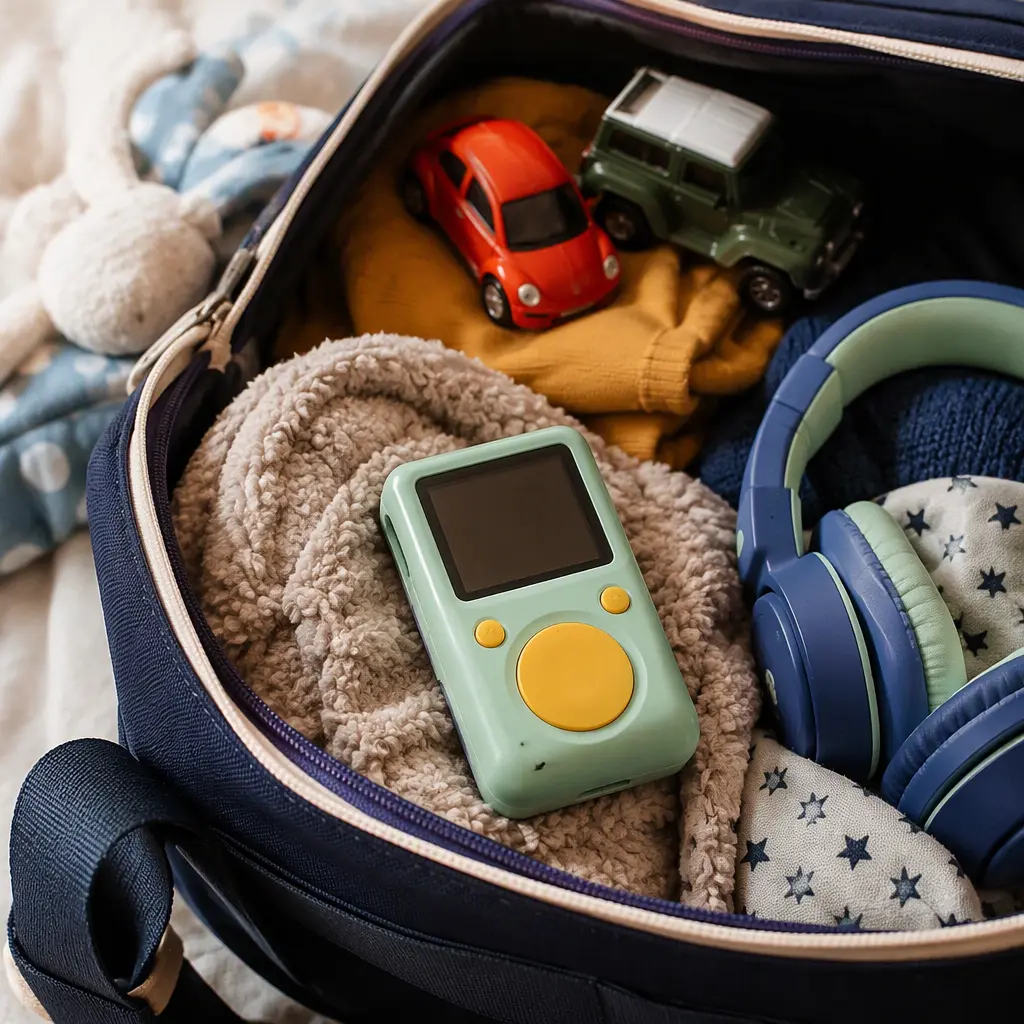 Portable children's audio player packed for family travel with headphones and toys